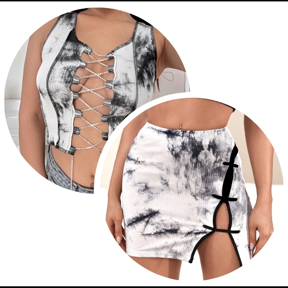 Sexy 2 piece white black tie dye cheongsam skirt set Open Rhinestone Thigh Split